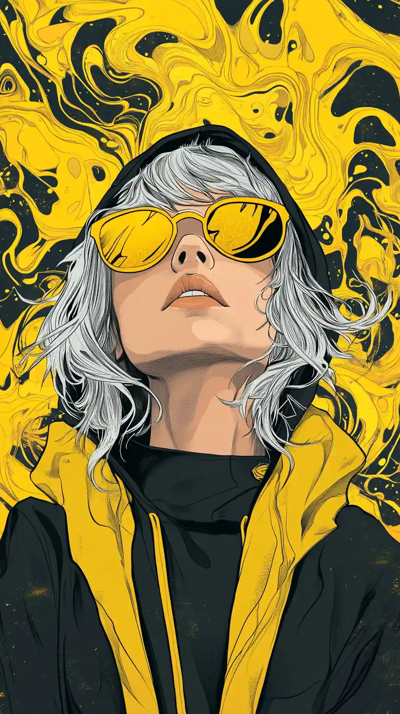 Silver haired girl in yellow pop art graphic portrait