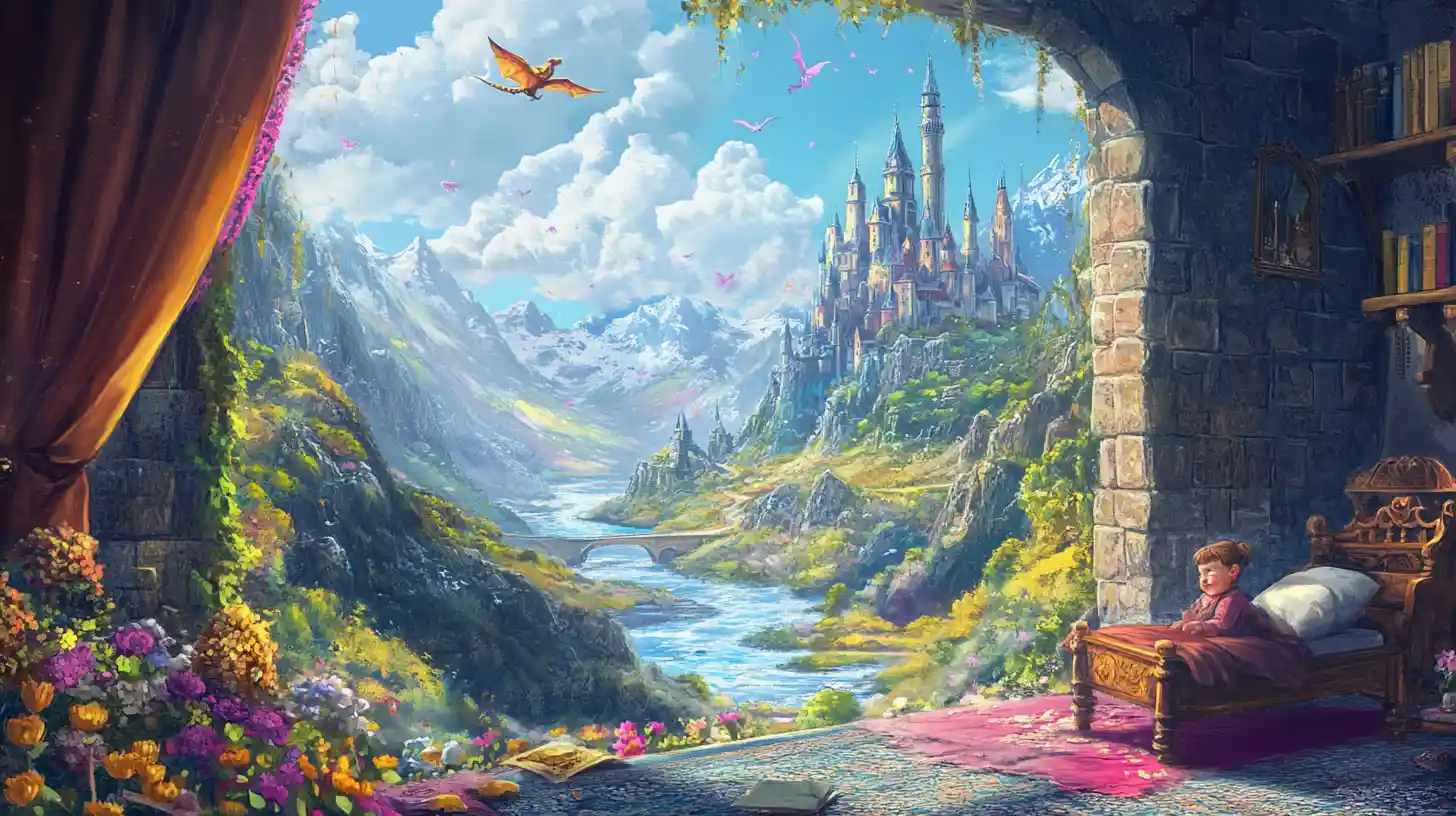 Sleeping child in bedroom opening to a magical fantasy world