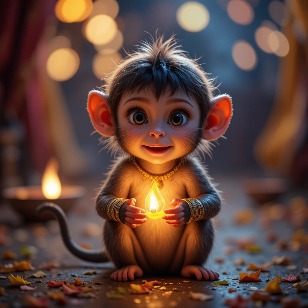 Monito bebé que brilla suavemente en la noche festiva de Diwali