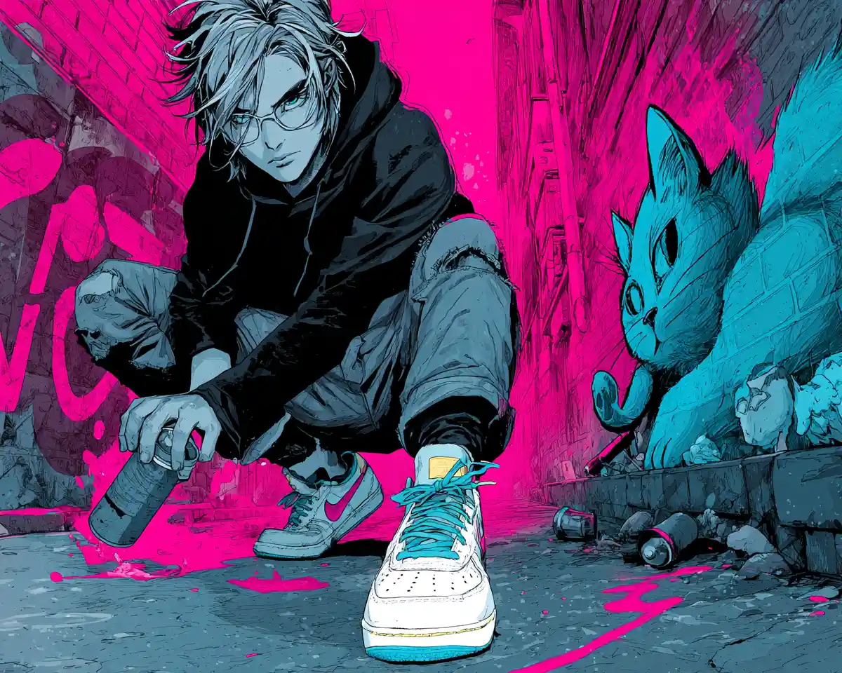 Anime graffiti artist painting a neon cat in alley