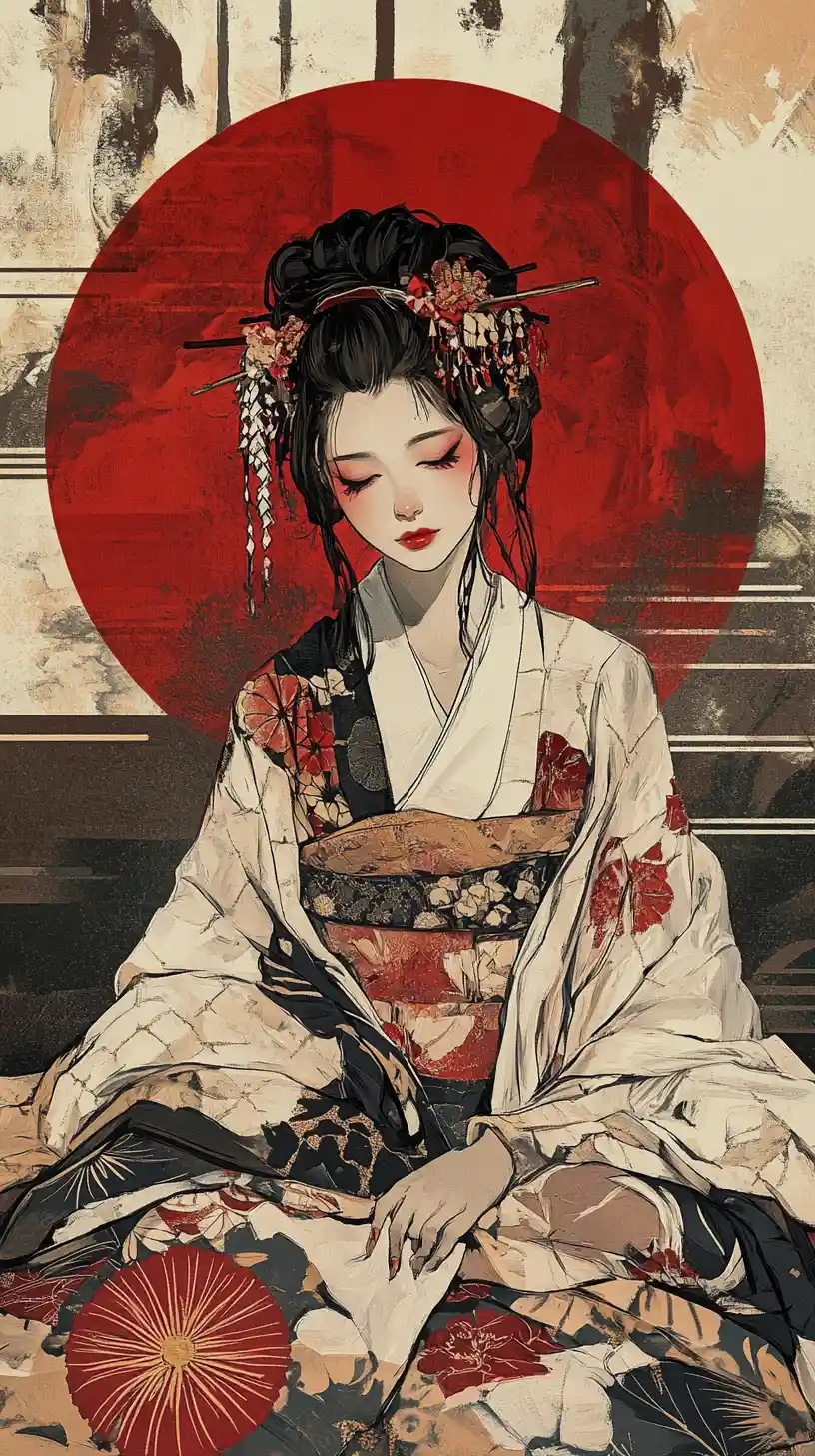 Mujer japonesa con kimono ornamentado y sol rojo estilizado
