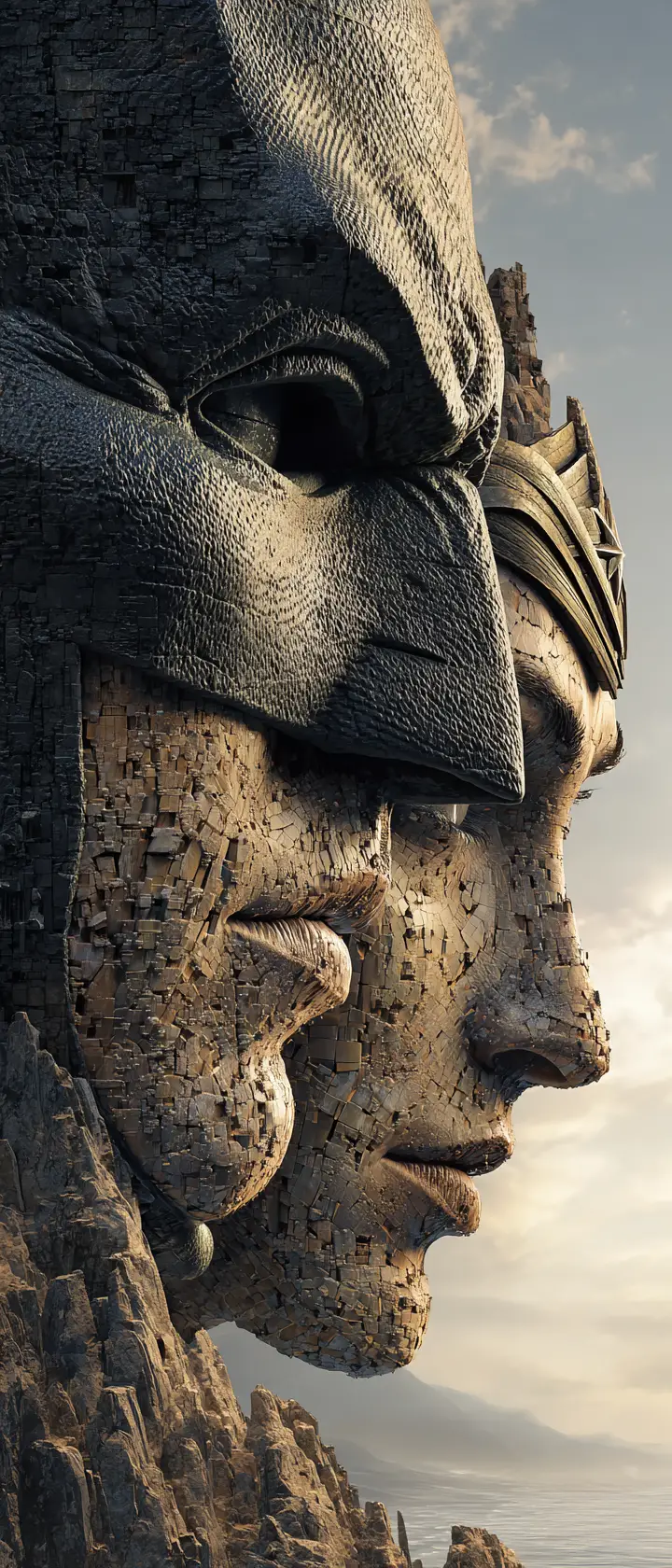 Stone superhero faces carved into a majestic mountain