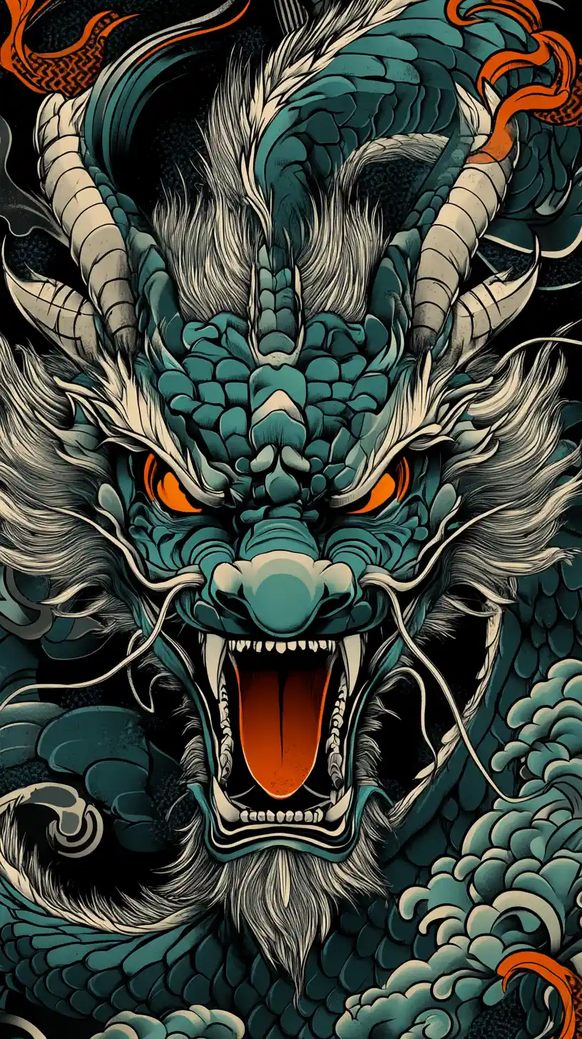 Fierce eastern dragon close up in tattoo illustration