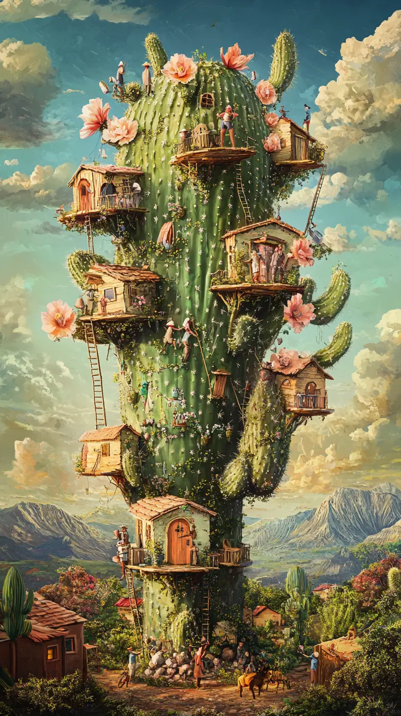 Giant cactus with blossoms and tiny treehouses in desert