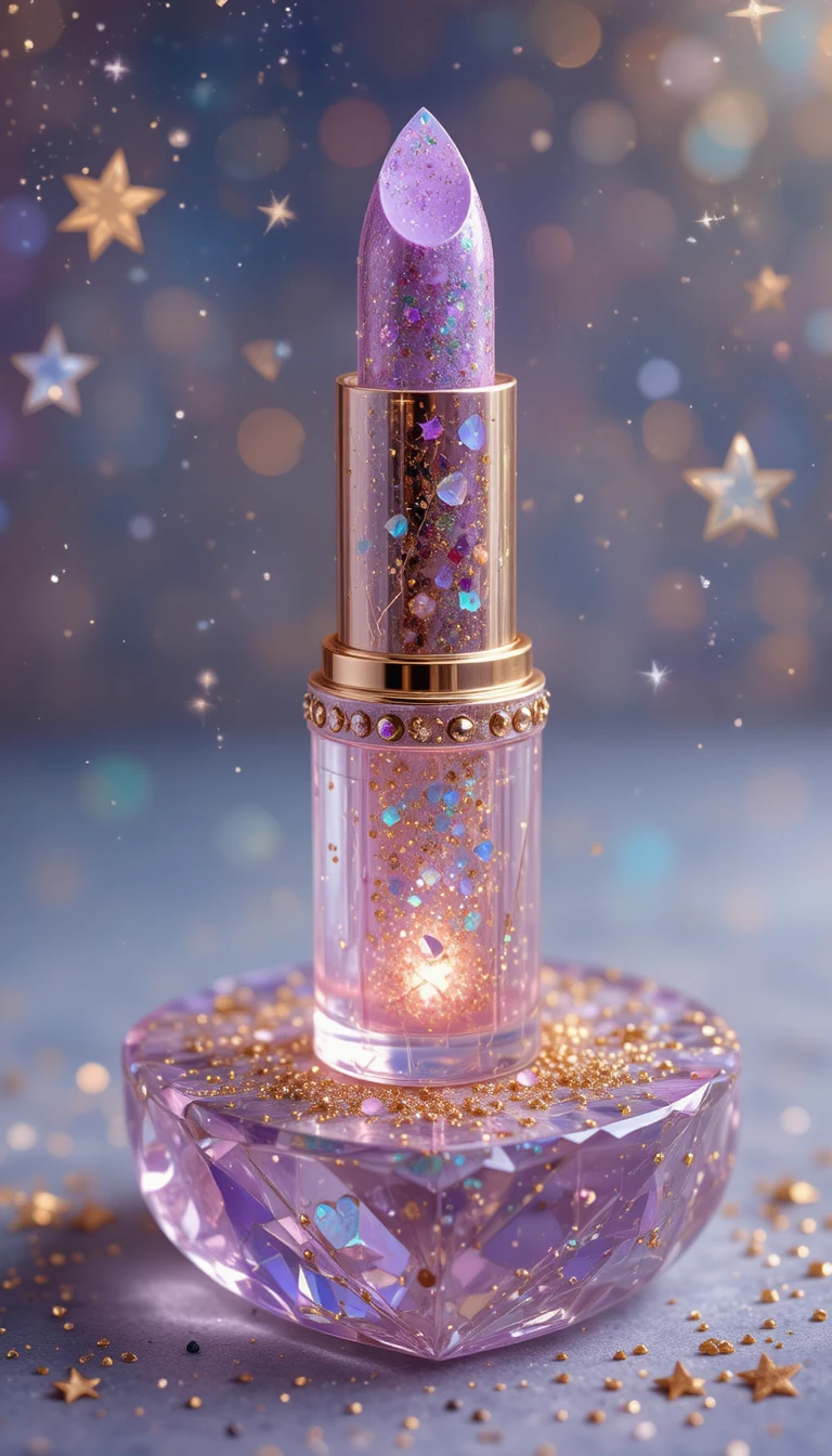 Barra de labios de ópalo arcoíris brillante sobre pastel de cristal lila
