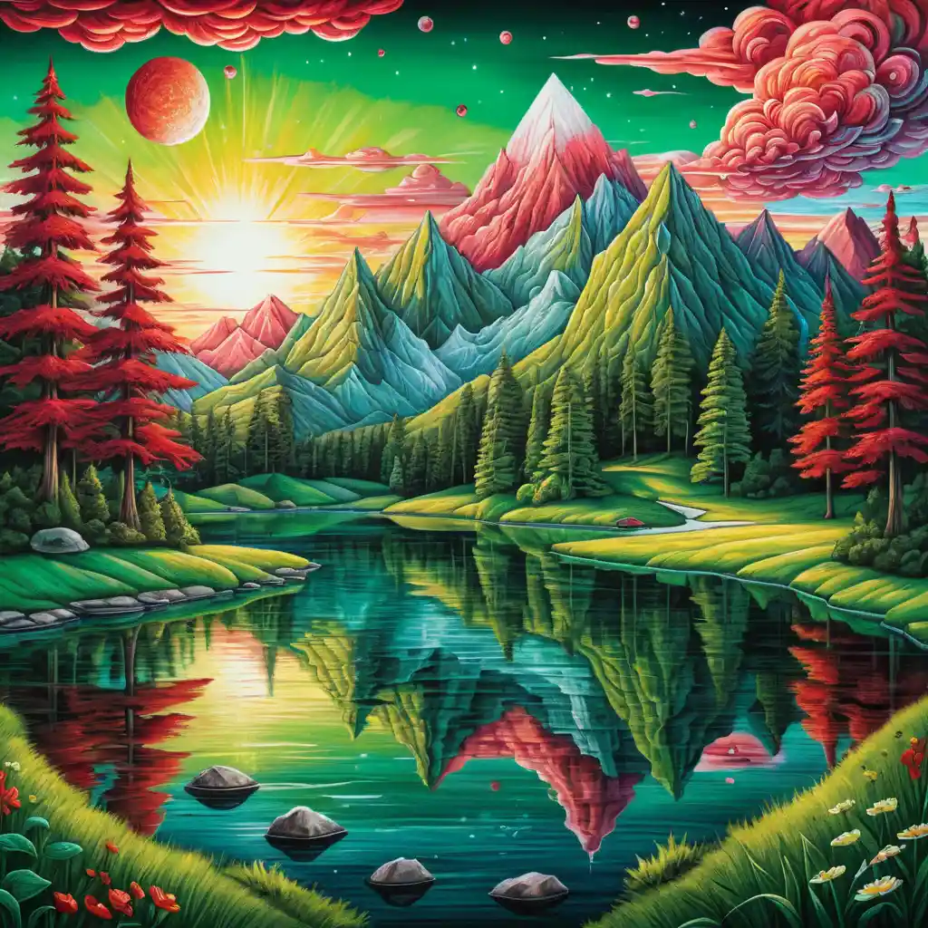 Paesaggio estivo surreale con lago al tramonto e montagne