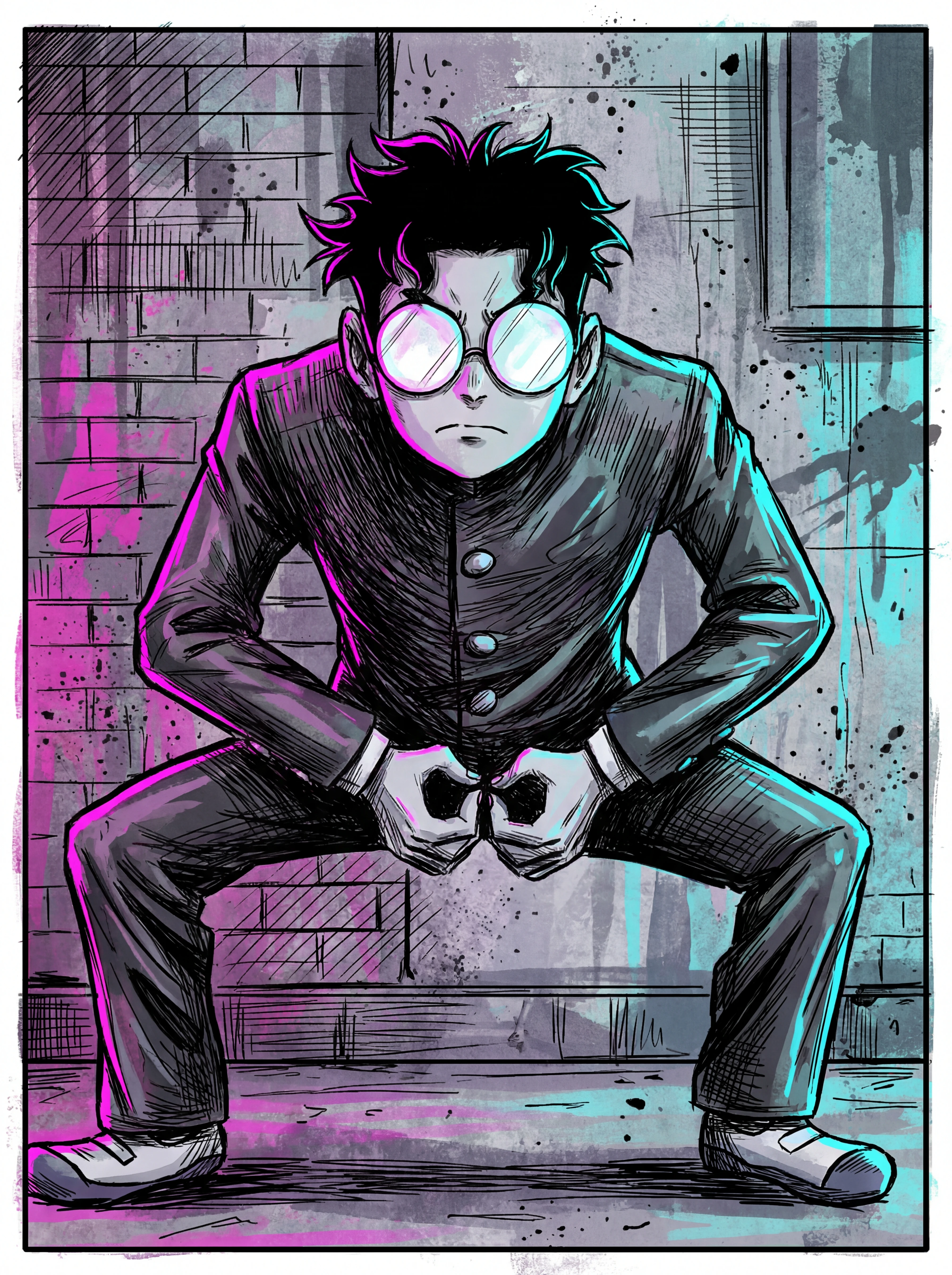 Retrato anime neonoir de Okarun en el brillo urbano neón