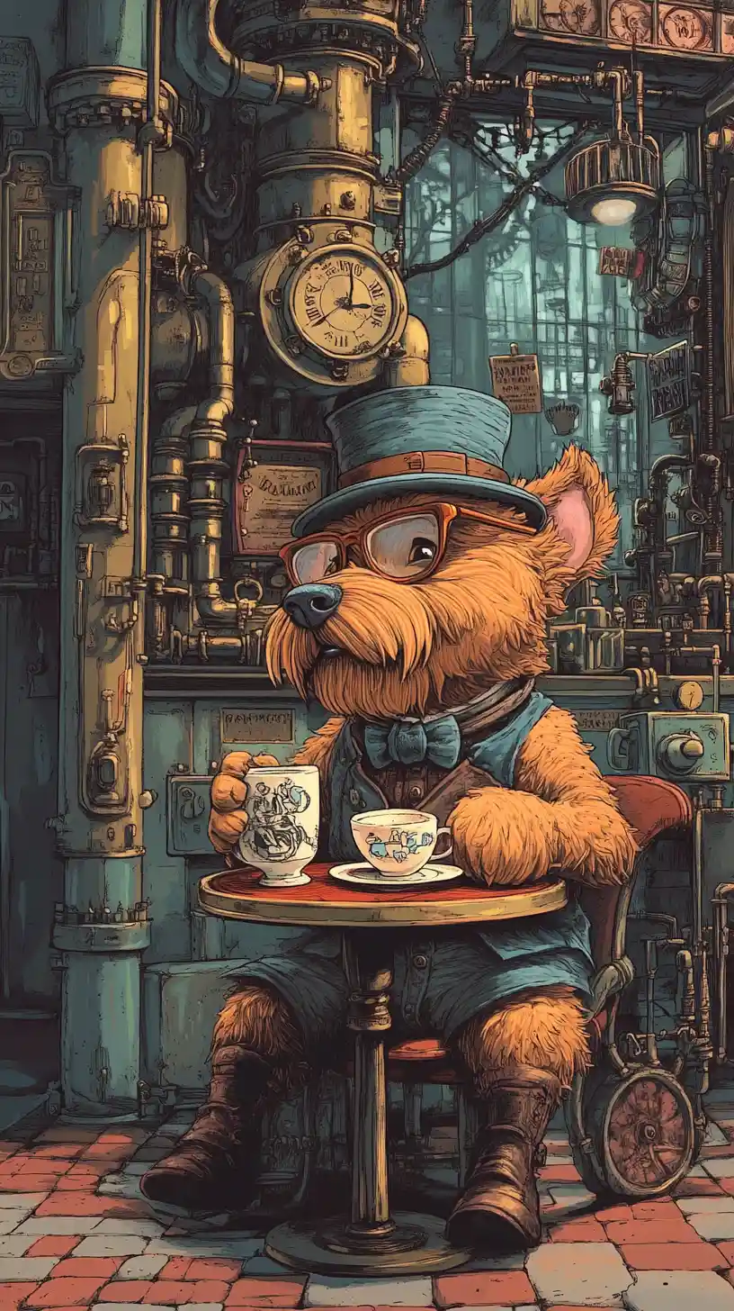 Cane stravagante con bombetta in un minuscolo caffè steampunk
