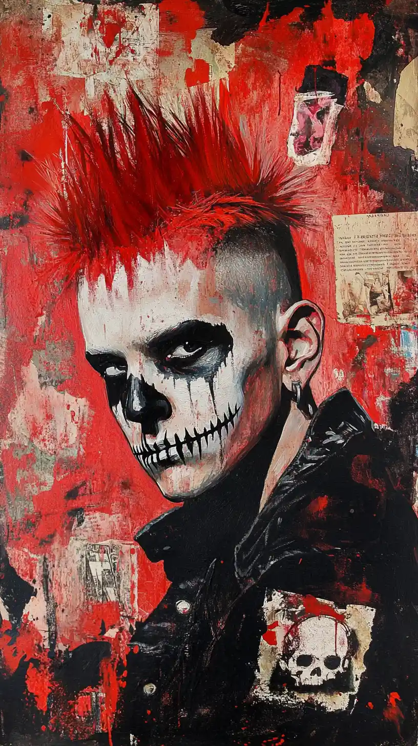 Punk portrait with red mohawk in abstract painted chaos