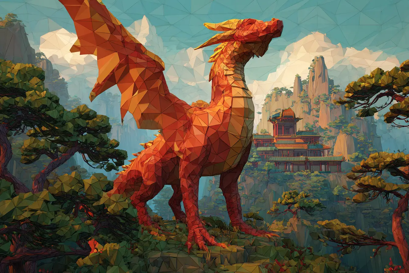 Majestätischer Low-Poly-Drache in einer chinesischen Fantasielandschaft