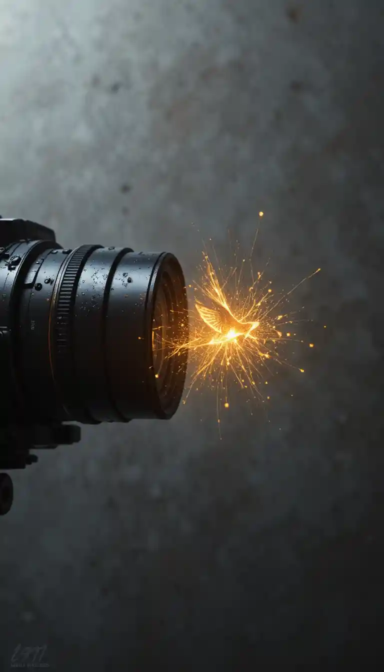 Golden lens flash forming a bird silhouette in darkness