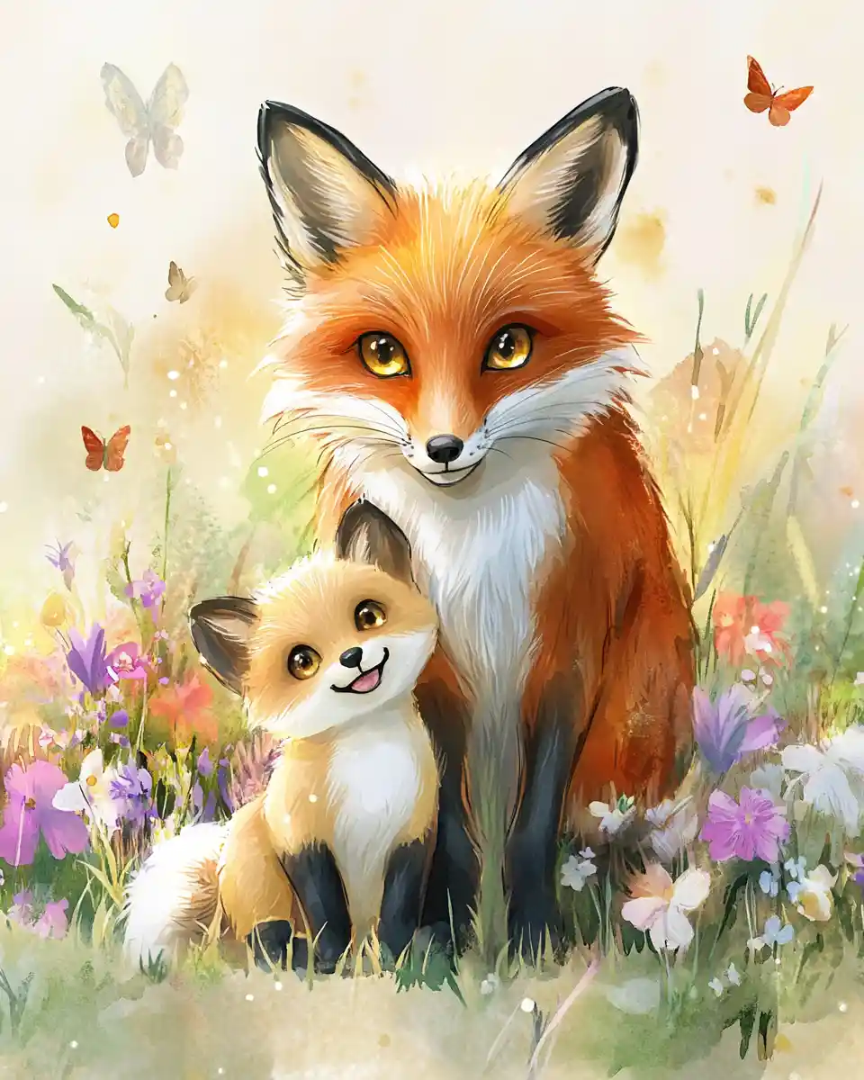 Watercolor mother fox and baby in sunny meadow