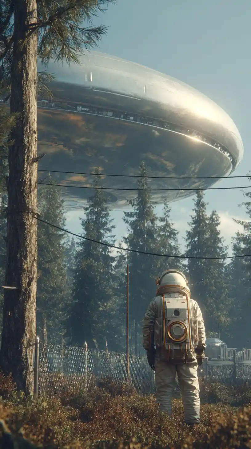 Flying saucer above forest with primate in spacesuit