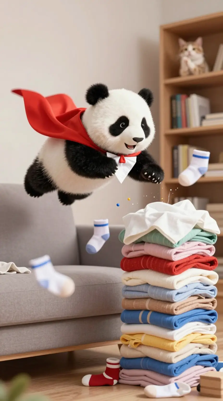 Baby panda superhero leaping from couch toward laundry towers
