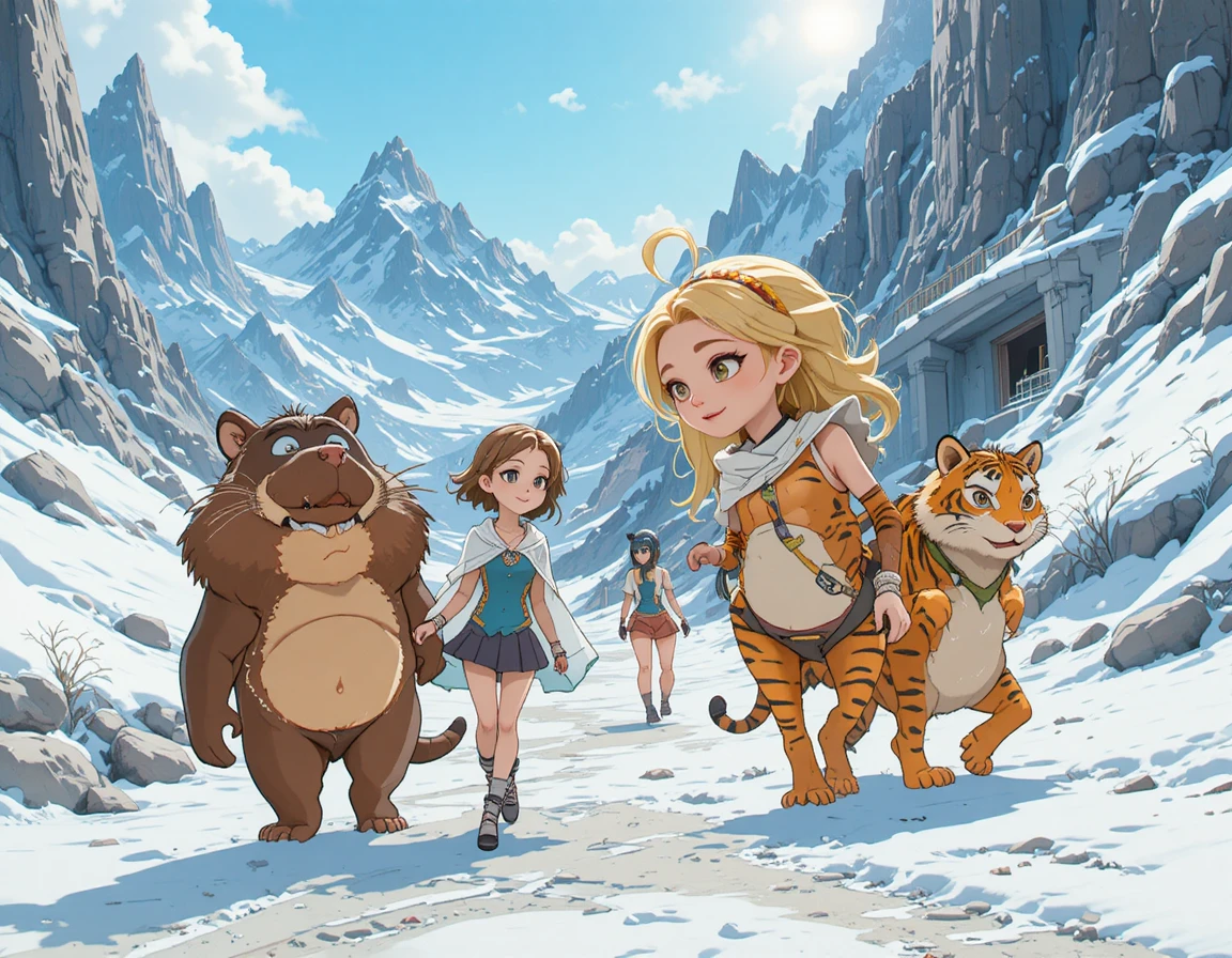 Blonde Frau mit Tieren in verschneiter Cartoon-Landschaft