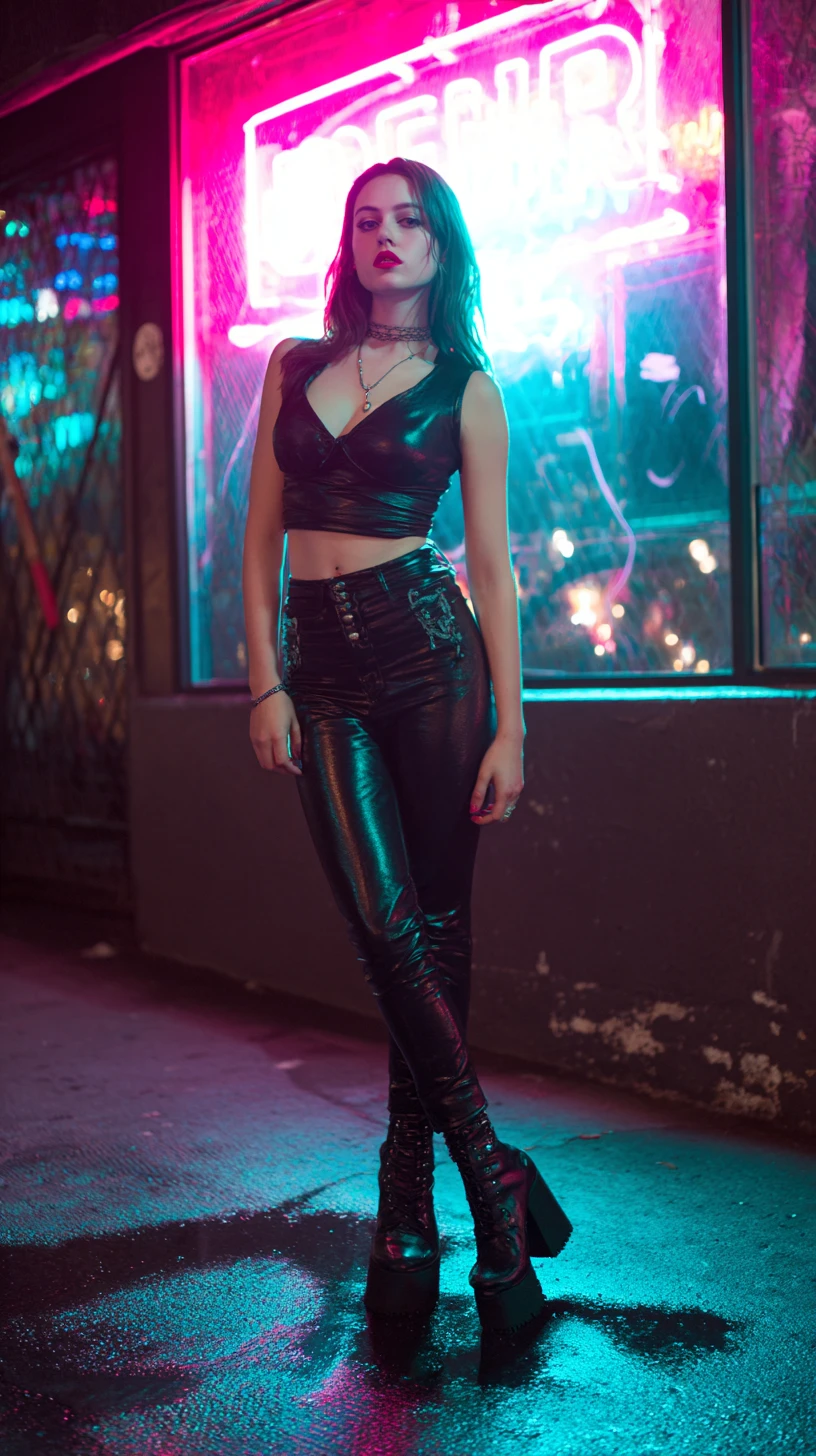 Woman in leather by neon lit bar on wet night street
