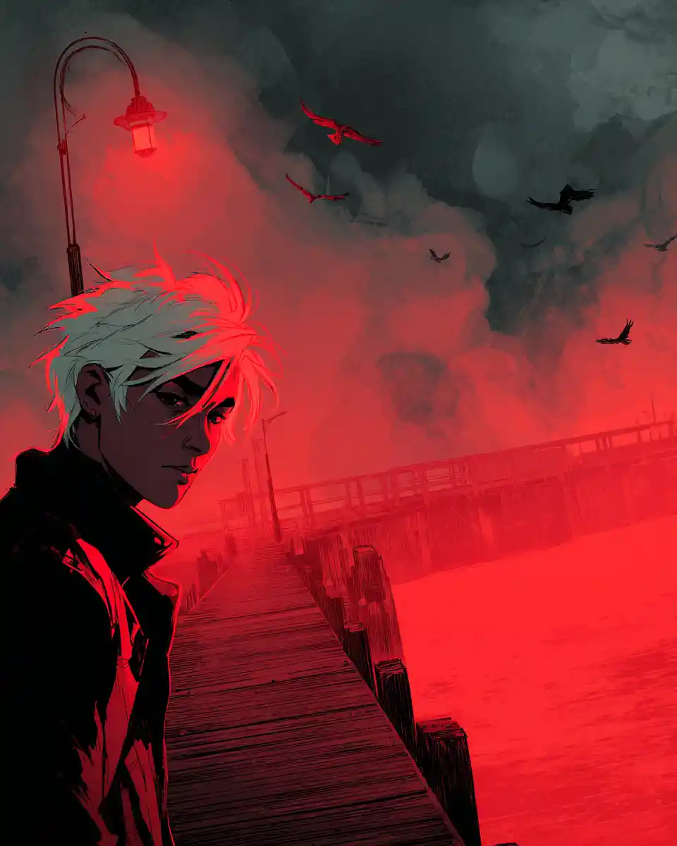 Young man on pier under red streetlamp glow