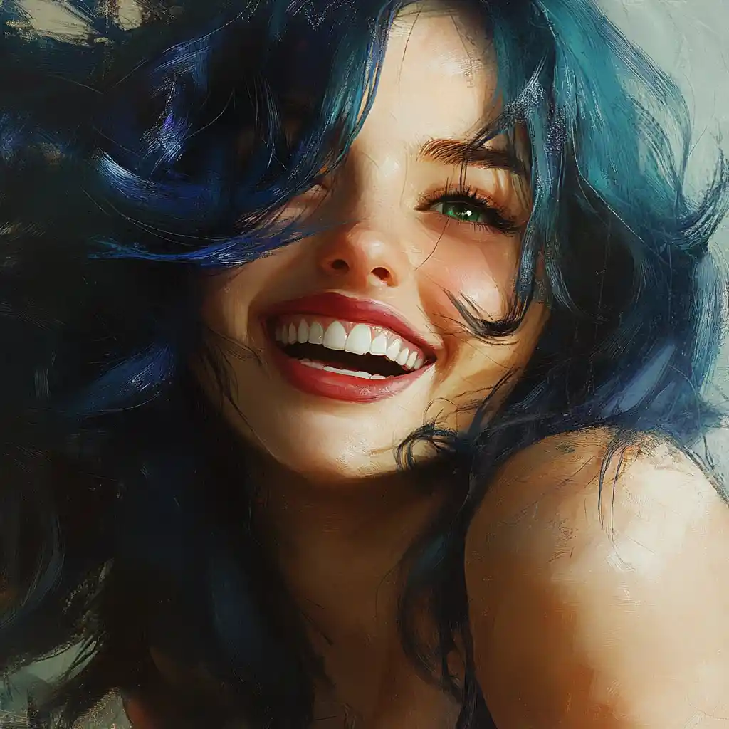 Laughing woman with blue highlighted hair in the wind