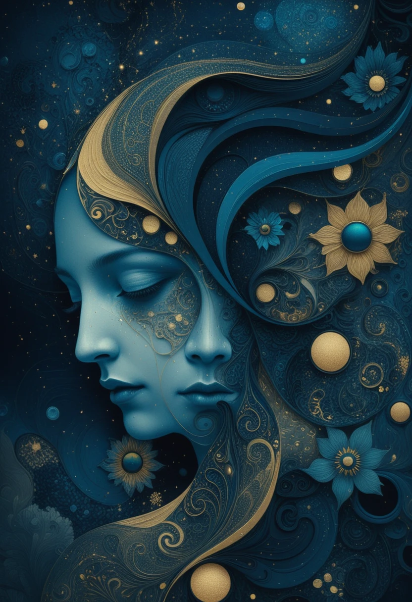 Surreal merged female faces in a cosmic abstract dreamscape