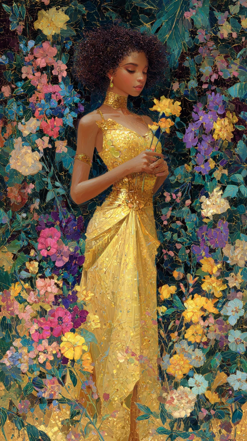 Femme à la peau dorée dans une robe scintillante parmi les fleurs