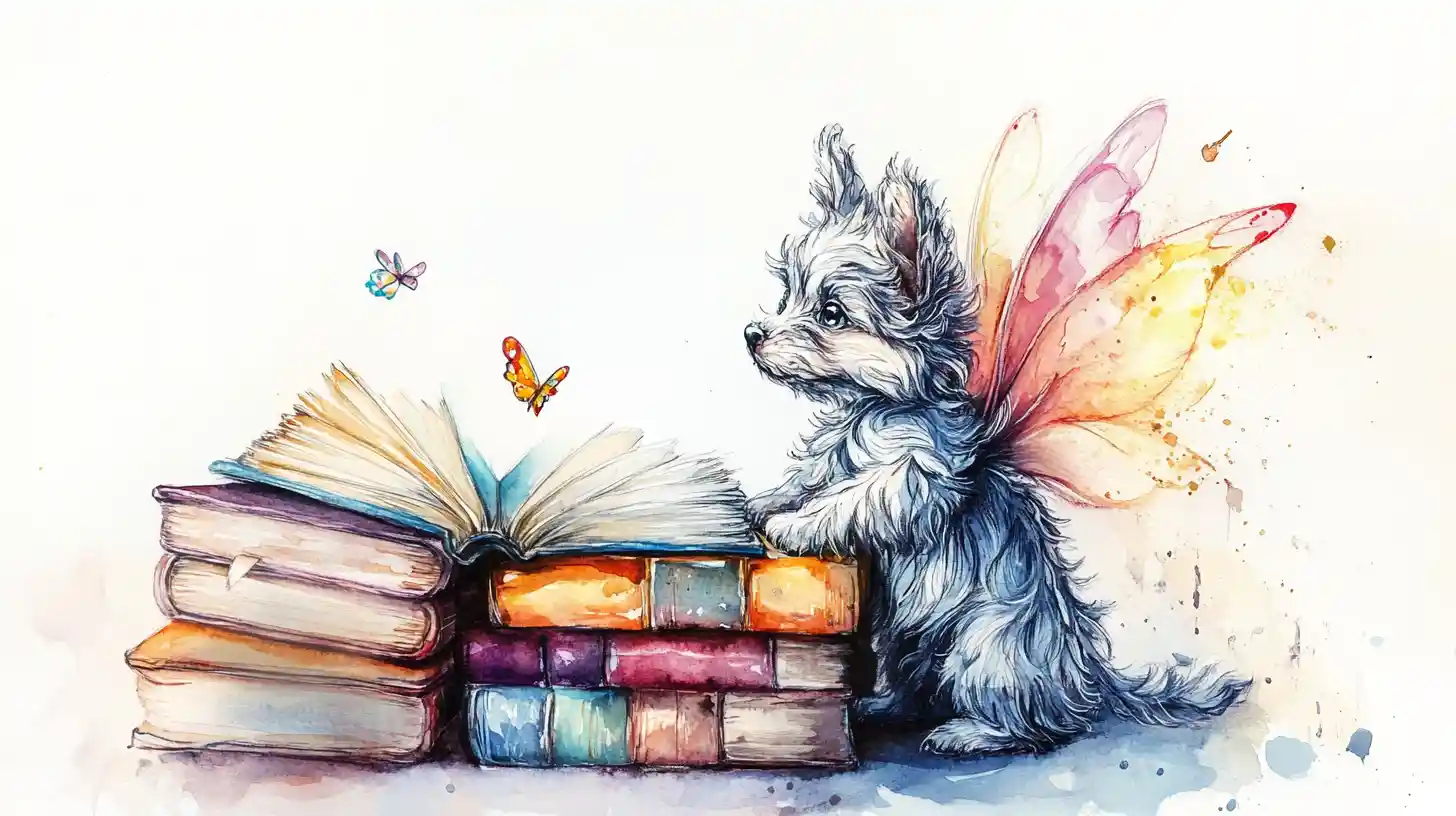 Dreamy Watercolor Puppy Beside Books On White Background