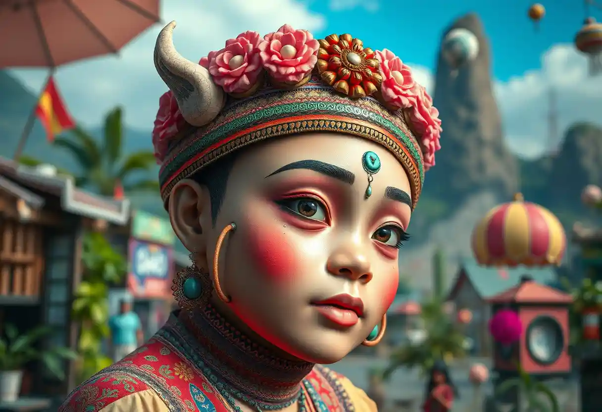 Whimsical popsurreal scene blending Asian beauty and freedom