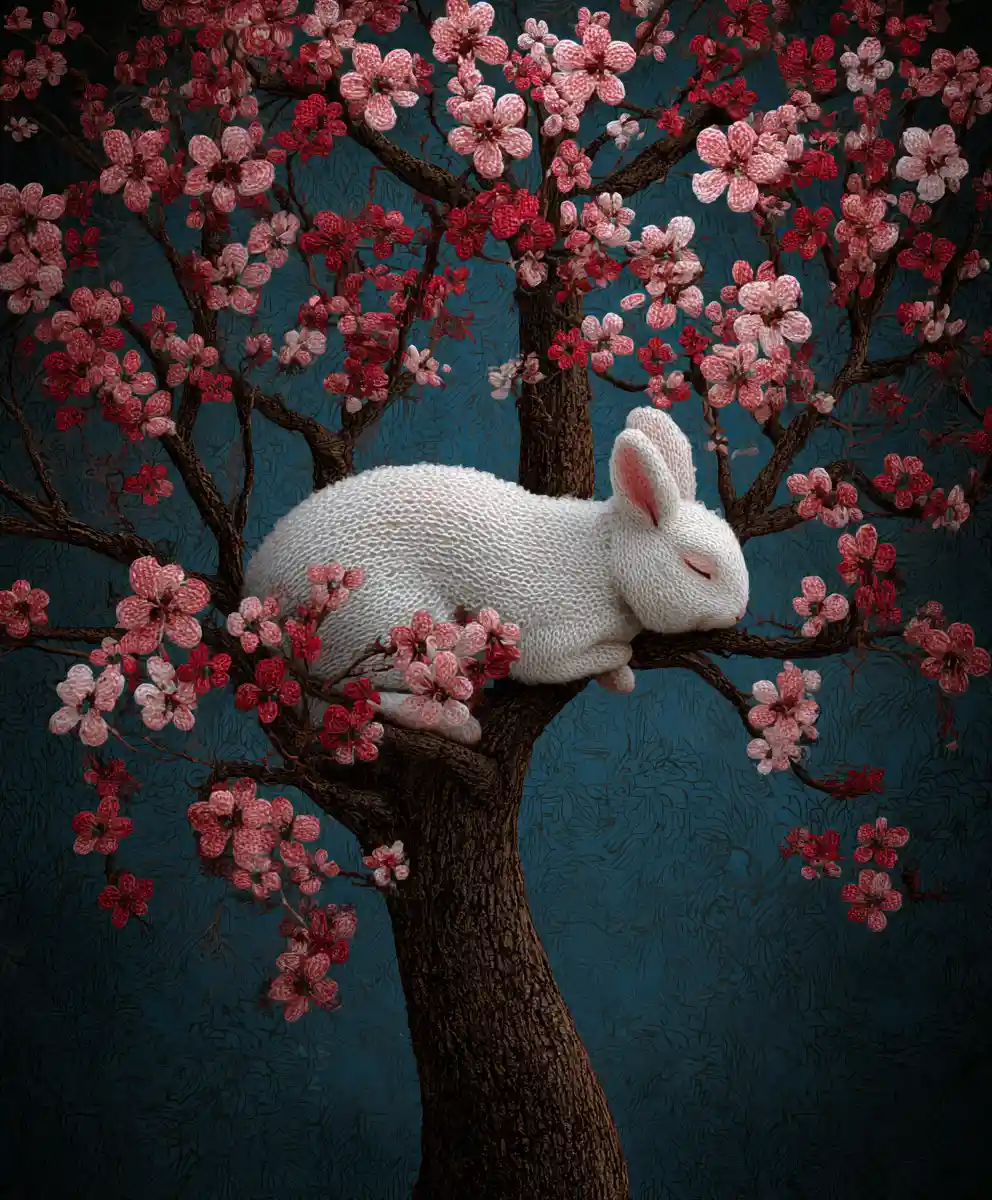 Sleeping white rabbit in a magical night forest