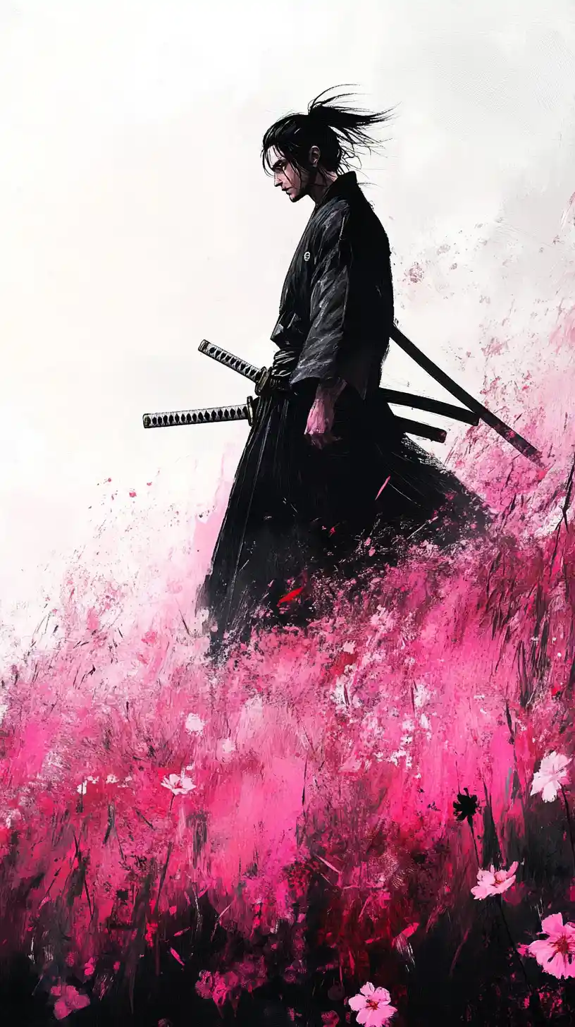 Samurai warrior walking through pink wildflower field