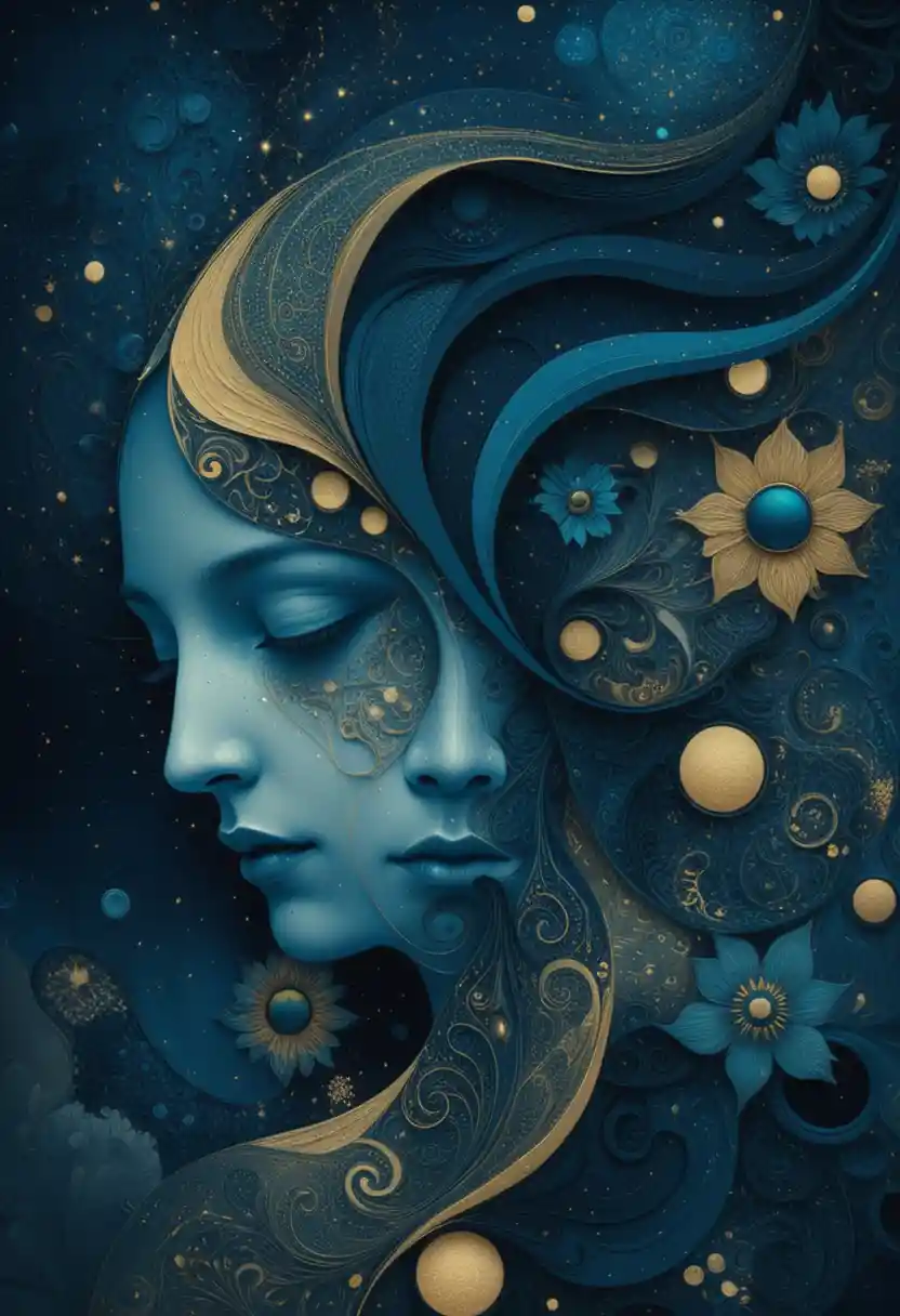 Surreal merged female faces in a cosmic abstract dreamscape