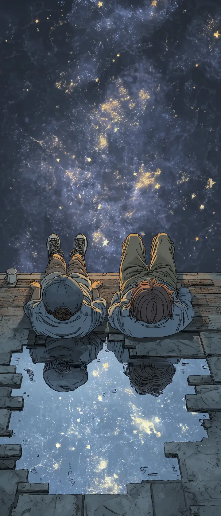 Two students stargazing on a quiet school rooftop at night