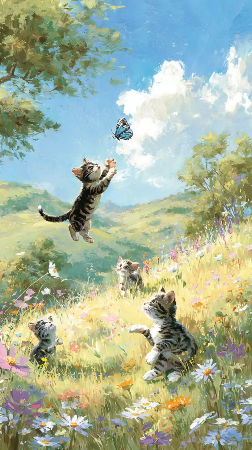 Playful kittens chasing a butterfly in a sunlit meadow