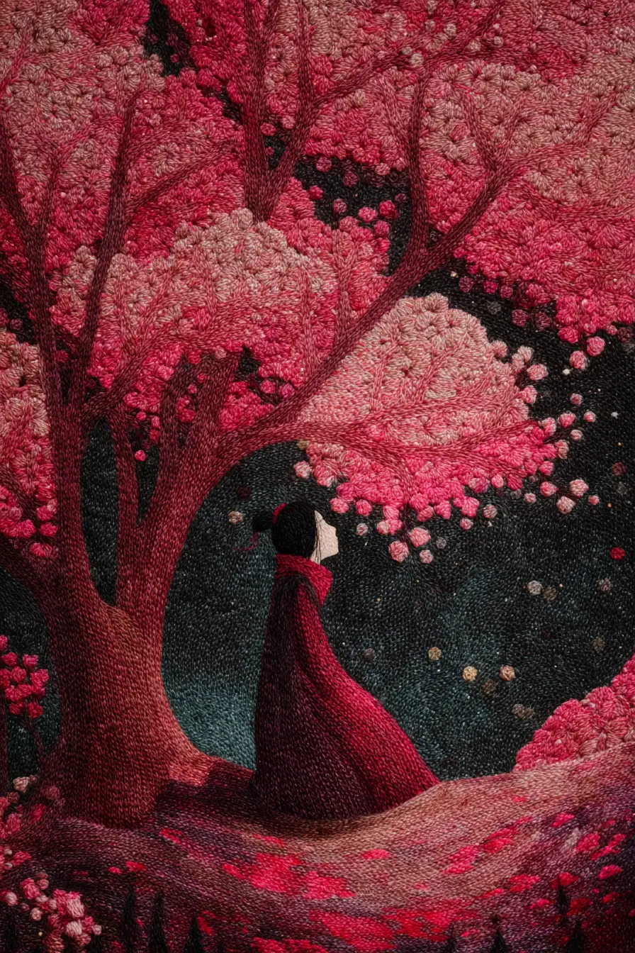 Knitted cherry blossom tree glowing at night in forest