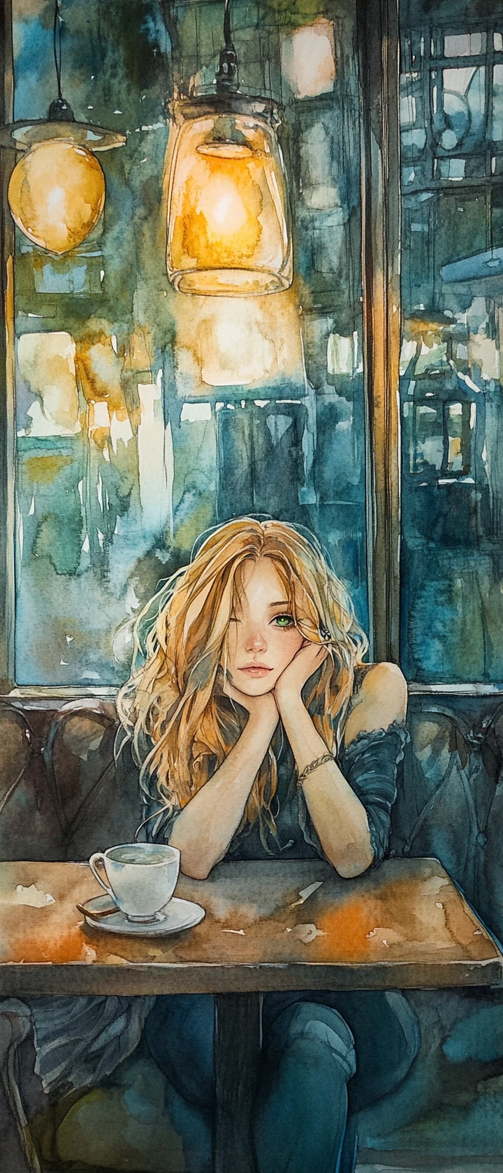 Jeune fille gothique blonde se relaxant dans un café parisien chaleureux