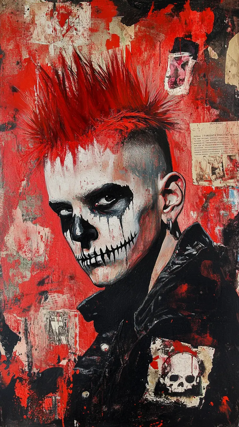 Punk portrait with red mohawk in abstract painted chaos