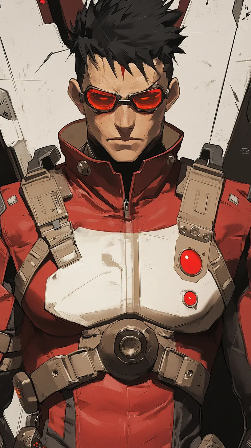 Crimson skinned muscular man with magnetic gauntlets