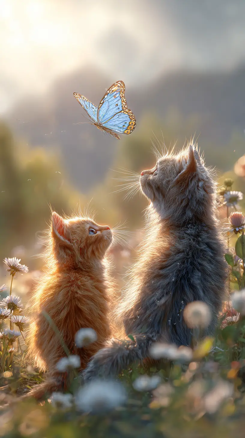 Two kittens watching a blue butterfly in meadow