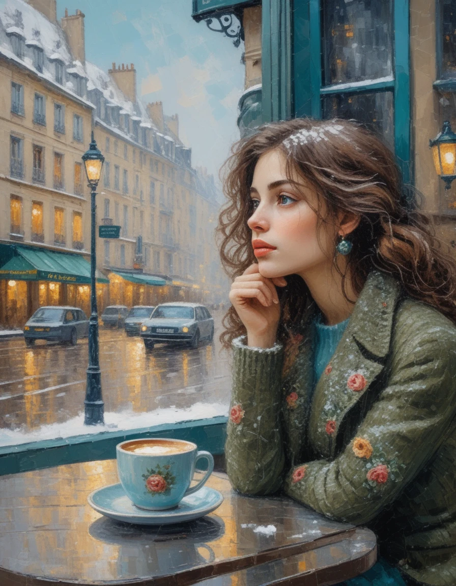 Pensive young woman in a snowy Parisian cafe painting