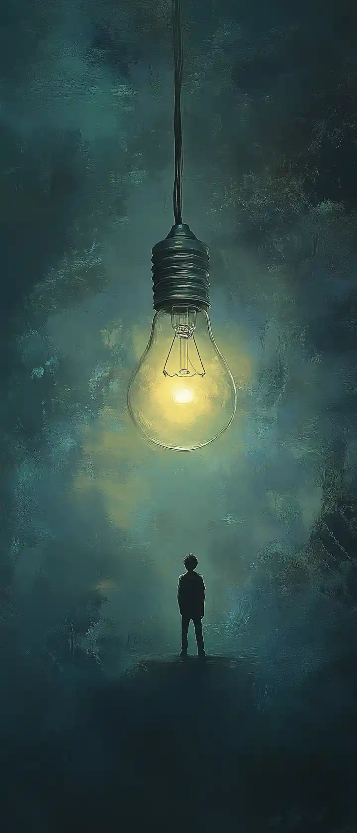 Glowing student lighting a dark floating classroom