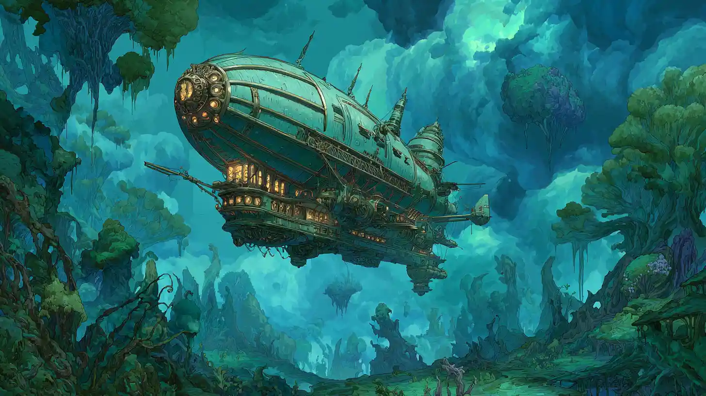 Steampunk airship above a surreal alien jungle sky