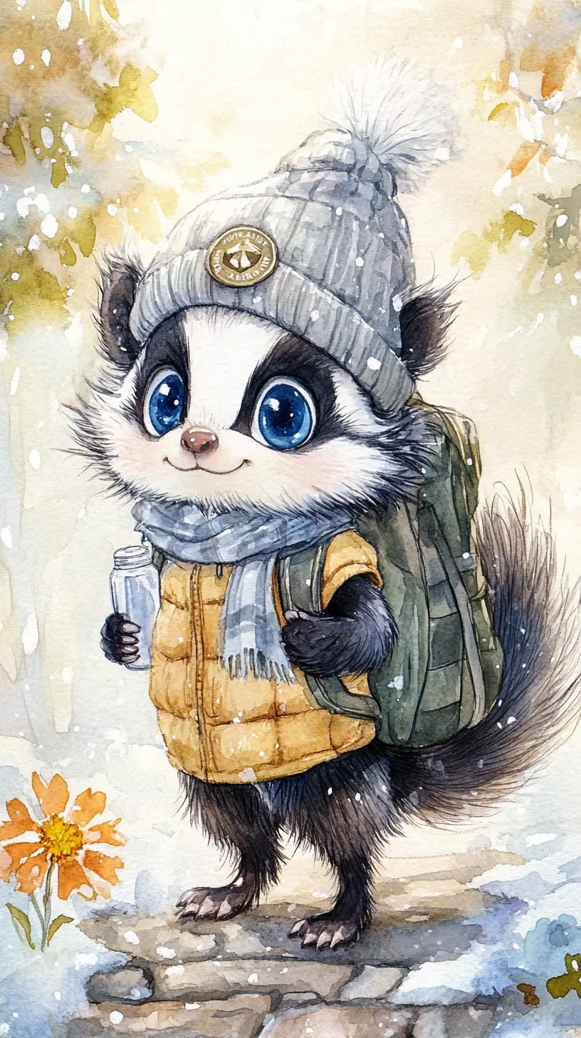 Watercolor skunk hiker with backpack in snowy landscape