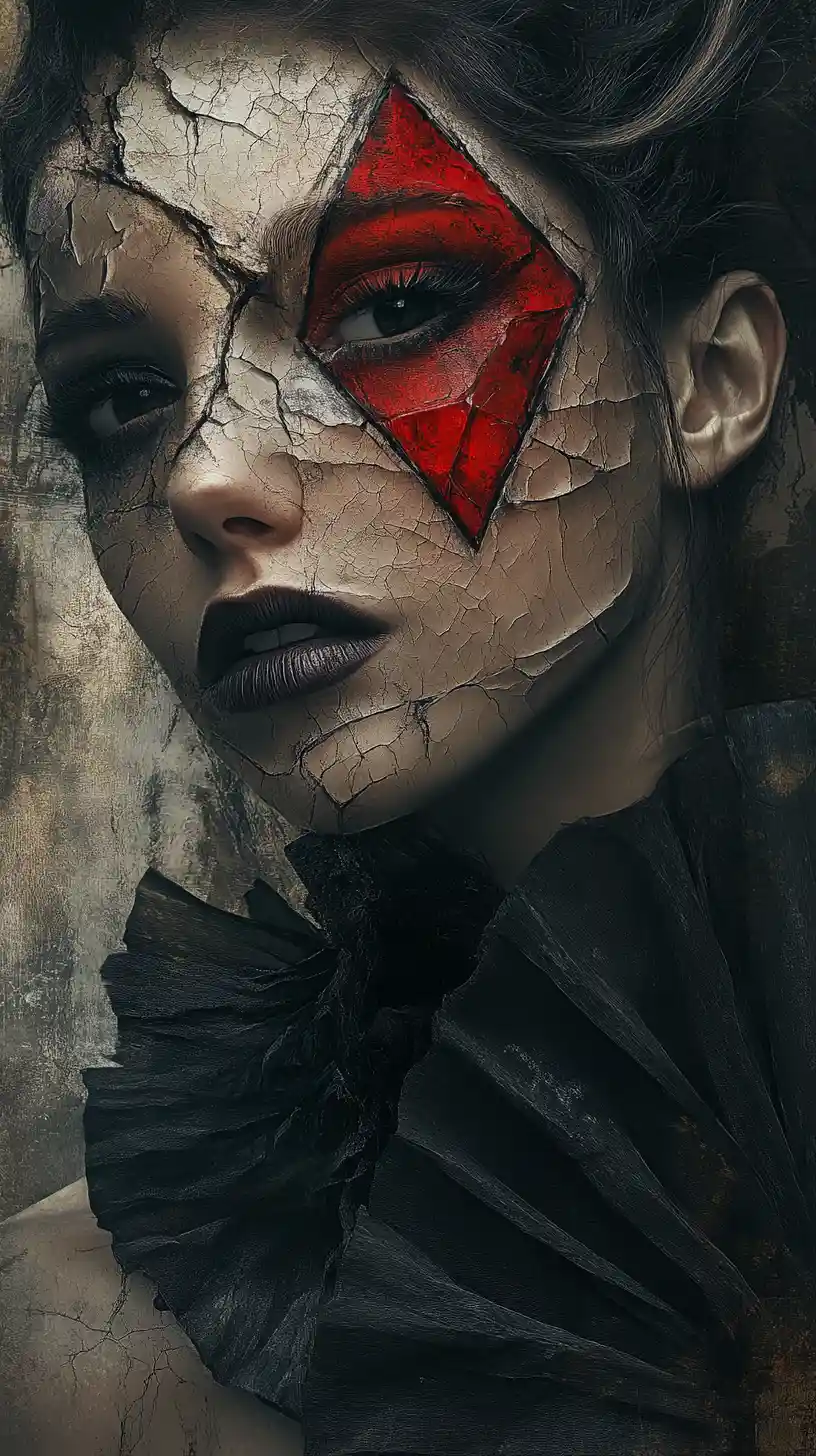 Gothic woman with cracked skin and red eye makeup