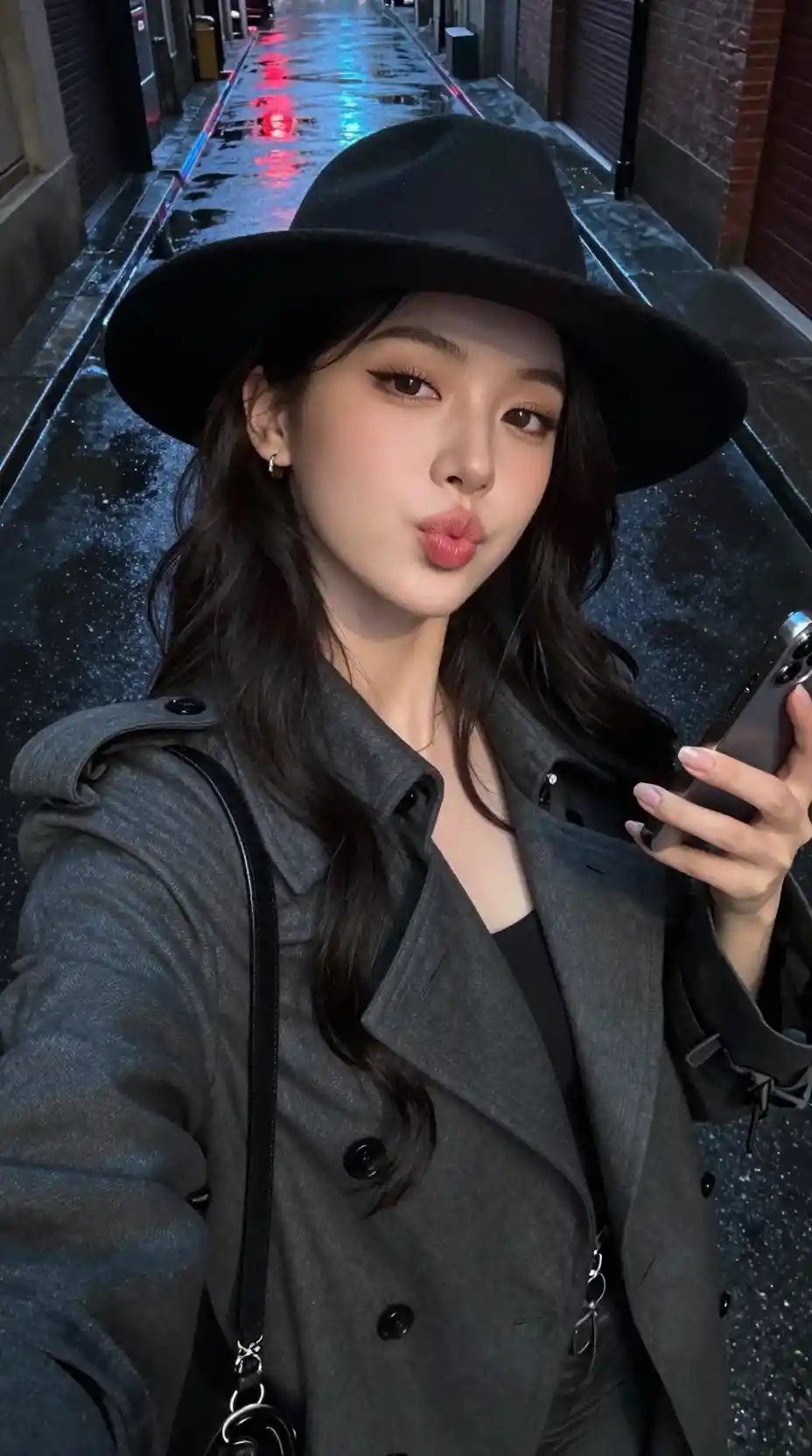 네온 불빛이 비추는 빗길 골목에서 셀카를 찍는 스타일리시한 여성