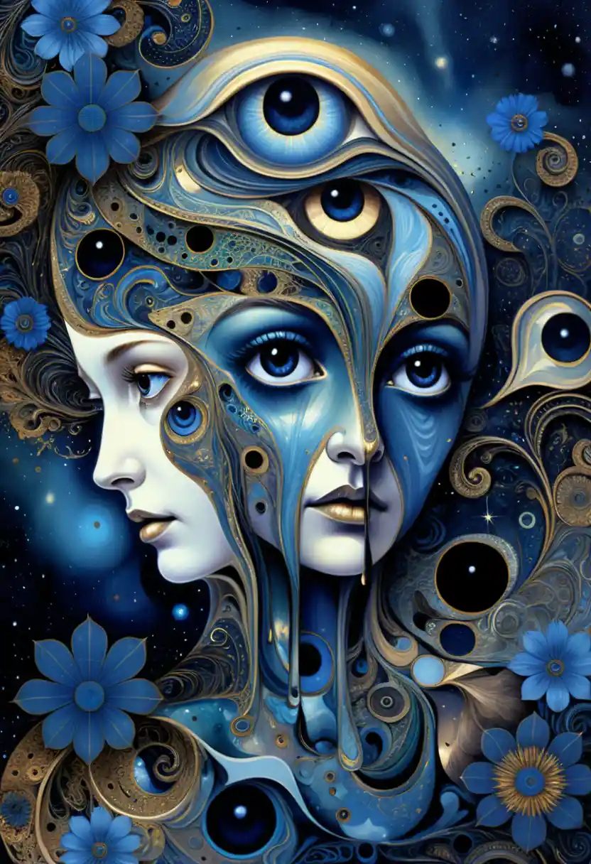 Surreal merged female faces in cosmic abstract dreamscape