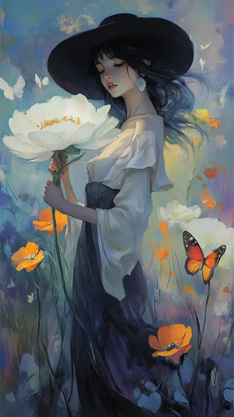 Femme élégante avec une fleur dans une scène florale abstraite et onirique