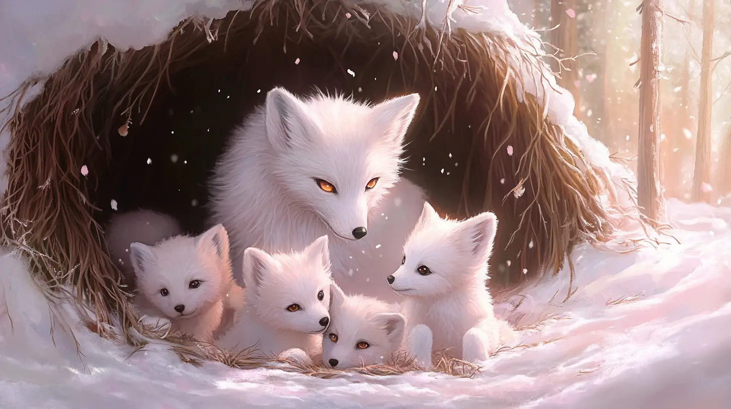 Arctic fox mother grooming pup in snowy den