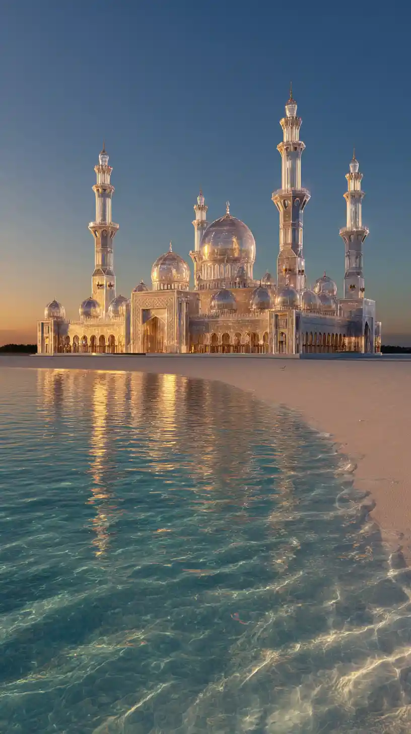 Crystal mosque on tranquil seashore at golden hour