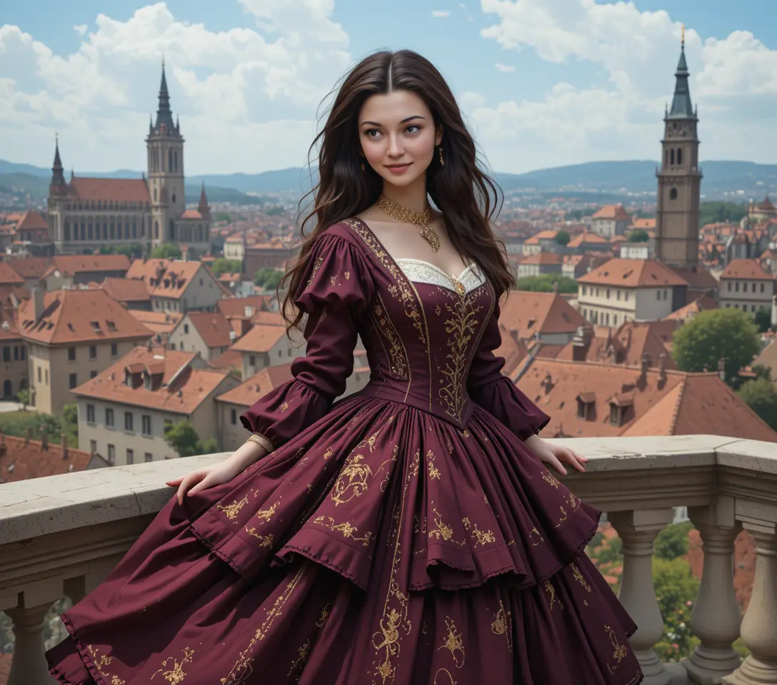 Young woman in cherry gown above a medieval city