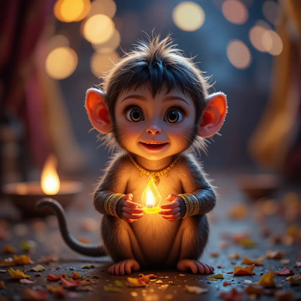 Baby monkey glowing softly during festive Diwali night