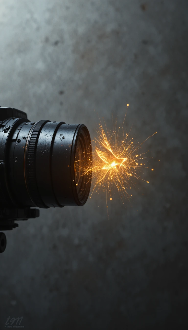 Golden lens flash forming a bird silhouette in darkness