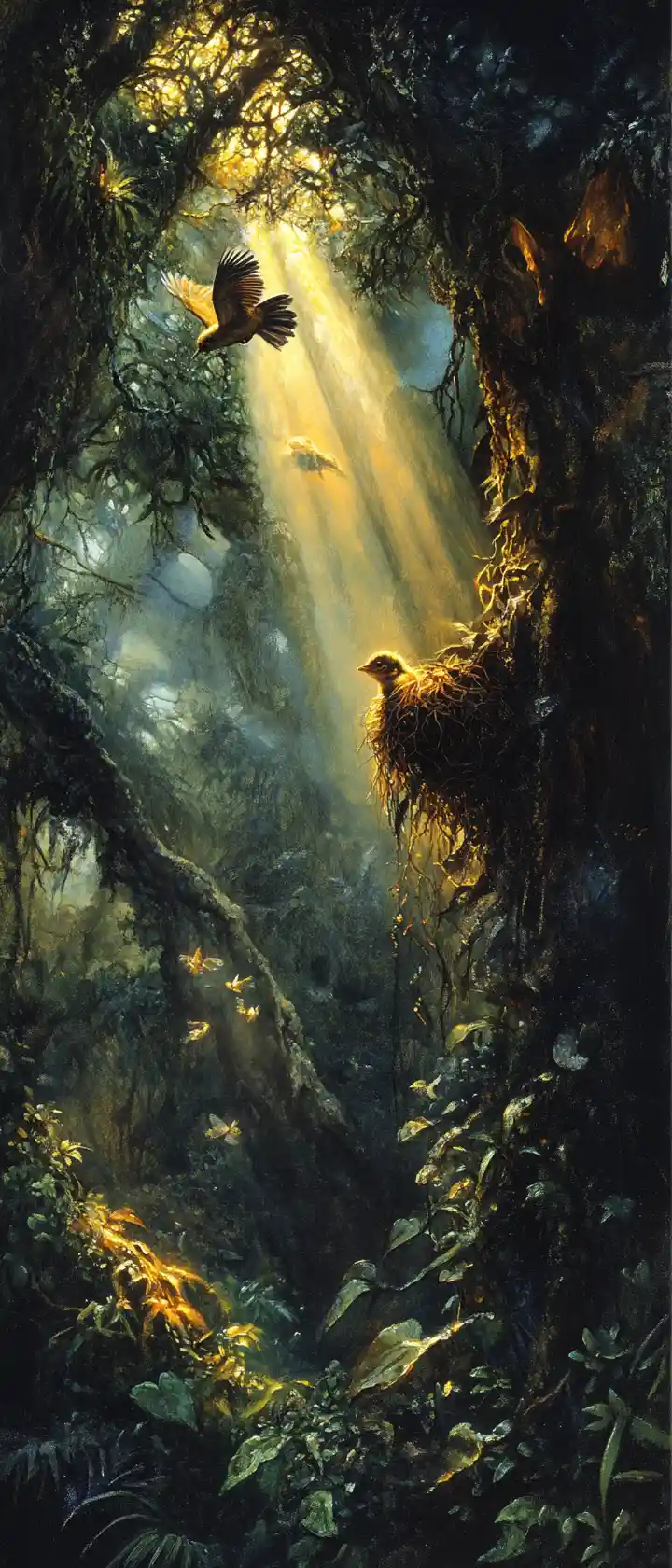 Baby bird in ancient jungle tree with dramatic light